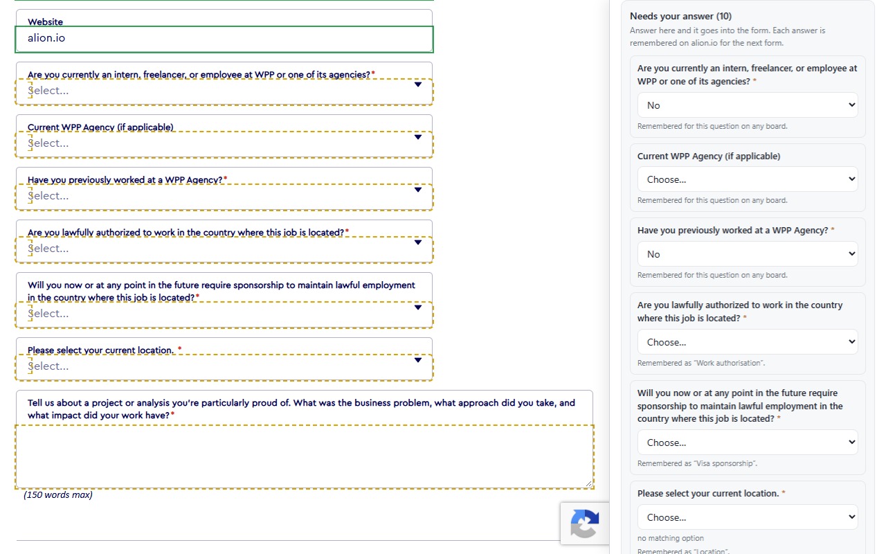 The side panel listing the questions the profile could not answer, with two answers chosen